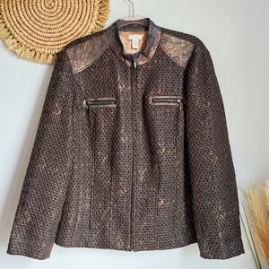 Chico's, Brown Tweed Gold Metallic Faux Leather Full Zip Coat Jacket Size XL